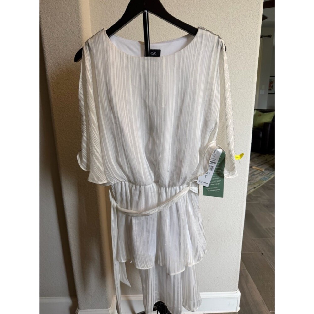 MSK White Silver Stripe Belted Sequin Shoulder Short Sleevr Flowy Dress Ruffle L